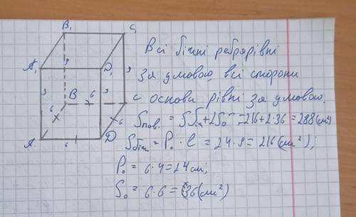 Основою прямої призм є квадрат зі стороною 6 см. Висота призми 9 см. Знайти S повну