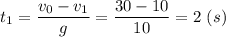 t_1 = \dfrac{v_0 - v_1}{g} =\dfrac{30 - 10}{10} = 2~(s)