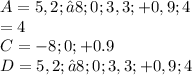 A = {5,2; – 8; 0; 3,3;+0,9; 4} \\ В = 4 \\ C = - 8;0; + 0.9 \\ D = 5,2; – 8; 0; 3,3;+0,9; 4