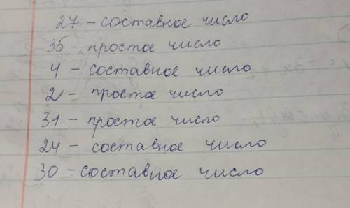 Какие из чисел 27; 35; 4; 2; 31; 24; 30 являются: а) простыми; б) составными