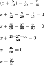 (x+\frac{5}{12})-\frac{9}{20} =\frac{11}{15}\\\\x+\frac{5}{12}-\frac{9}{20}-\frac{11}{15}=0\\\\x+\frac{25}{60}-\frac{27}{60}-\frac{44}{60}=0\\\\x+\frac{25-27-44}{60}=0\\\\x-\frac{46}{60} =0\\\\x=\frac{23}{30}