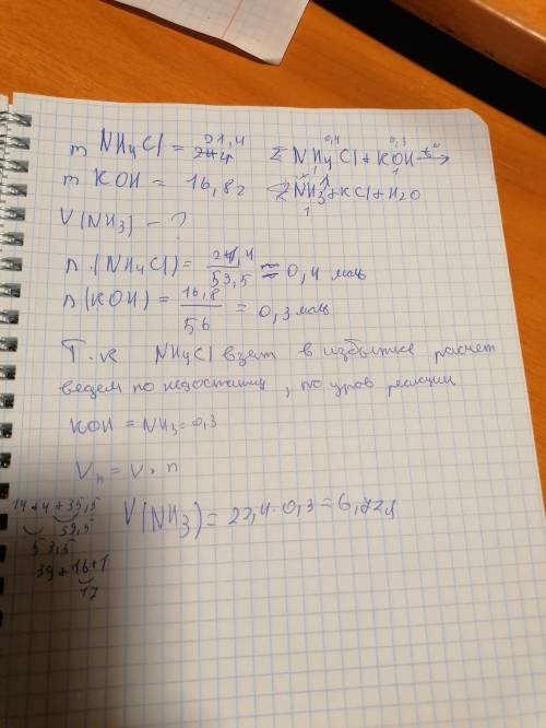 Задача на недостаток и избыток 21,4 хлорида аммония смешали с 16,8 г гидроксида калия и смесь нагрел