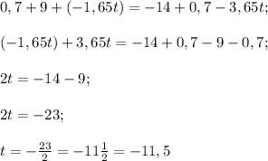 0,7 + 9 + (-1,65t) = -14 + 0,7 - 3,65t;\\\\ (-1,65t) + 3,65t= -14 +0,7-9-0,7;\\\\2t=-14-9;\\\\2t=-23;\\\\t=-\frac{23}{2}=-11\frac{1}{2}=-11,5