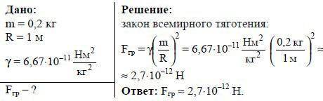 С какой силой притягиваются два тела массами по 200 кг каждое на расстоянии 500 м друг от друга ?