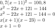 0,7(x-11)^2=100,8\\x^2-22x+121=144\\x^2-22x+121-144=0\\x(x+1)(x-23)=0\\x+1=0