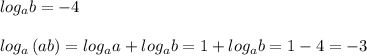 log_{a}b=-4\\\\log_{a}\, (ab)=log_{a}a+log_{a}b=1+log_{a}b=1-4=-3