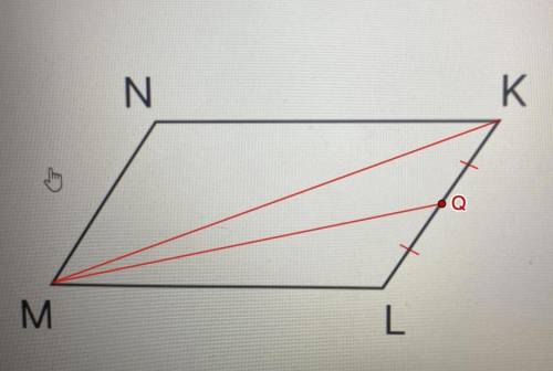 Площадь параллелограмма МNKL равна 368 м квадратных. Точка Q - середина стороны LK. Найди площадь тр