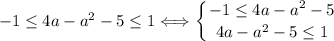 -1 \leq 4a - a^{2} - 5 \leq 1 \Longleftrightarrow \displaystyle \left \{ {{-1 \leq 4a - a^{2} - 5} \atop {4a - a^{2} - 5 \leq 1}} \right.