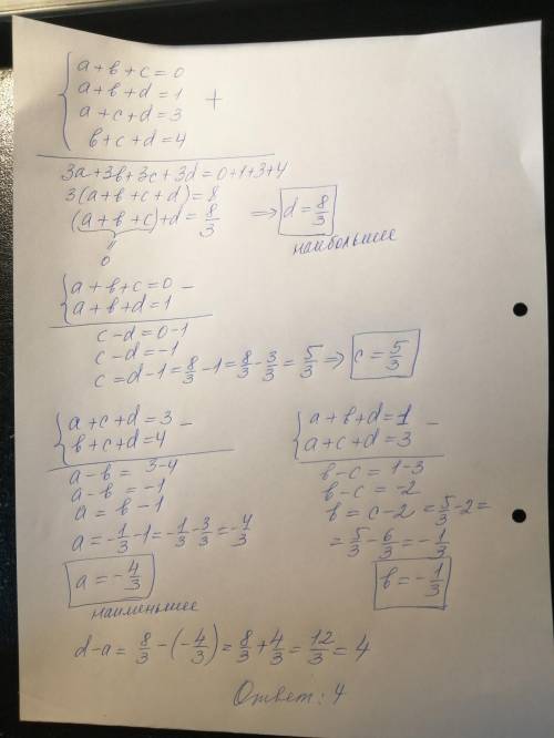 Числа a, b, c, d удовлетворяют системе уравнений: a+b+c=0 a+b+d=1 a+c+d=3 b+c+d=4 Чему равна разност