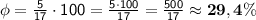 \sf \phi = \frac{5}{17} \cdot 100 = \frac{5 \cdot 100}{17}=\frac{500}{17}\approx \bf 29,4\%