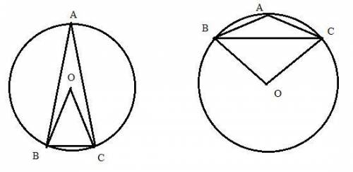 Точка О- центр кола, описаного навколо трикутника ABC (AB= AC). Знайти кути трикутника ABC, якщо кут