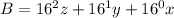 B = 16^2z + 16^1y+16^0x