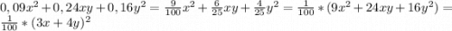 0,09x^2+0,24xy+0,16y^2=\frac{9}{100}x^2+\frac{6}{25}xy+\frac{4}{25}y^2=\frac{1}{100}*(9x^2+24xy+16y^2)=\frac{1}{100}*(3x+4y)^2