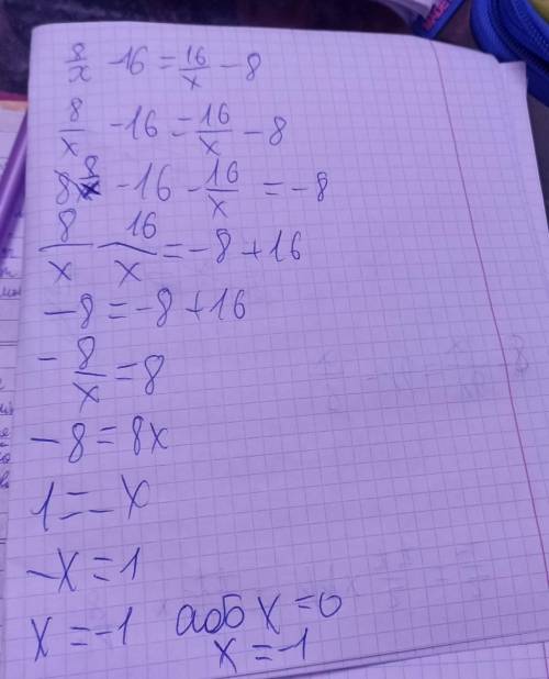 Реши уравнение: 8/x−16=16/x−8.