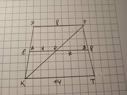 Діагональ рівнобічної трапеції її , гострий кут навпіл більша основа трапеції = 14 см , а бічна стор