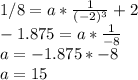 1/8=a*\frac{1}{(-2)^{3} }+2\\-1.875=a*\frac{1}{-8}\\a=-1.875*-8\\a=15