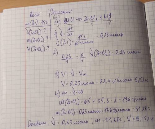 цинк 15 грамм прореагировал с соляной кислотой. Рассчитайте кол-во вещества, массу и объем образовав