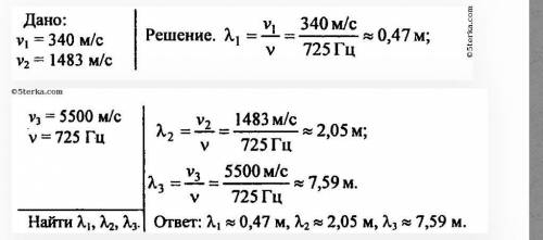 Частота звуковой волны 725 Гц. Определите его скорость в воздухе, воде и стекле.