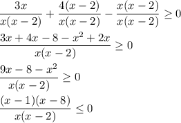 \dfrac{3x}{x(x-2)} + \dfrac{4(x-2)}{x(x-2)} -\dfrac{x(x-2)}{x(x-2)} \geq 0\\\\\dfrac{3x + 4x - 8 - x^{2} +2x}{x(x-2)} \geq 0\\\\\dfrac{9x-8-x^{2} }{x(x-2)} \geq 0\\\\\dfrac{(x-1)(x-8)}{x(x-2)} \leq 0