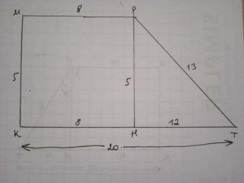 Основания прямоугольной трапеции равны 8 дм и 20 дм. Меньшая боковая сторона равна 5 дм. Вычисли бол