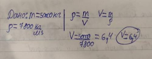 решить. Масса железа 50000кг, найдите объем