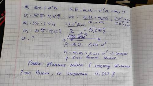 Два вагона движутся навстречу друг другу. Масса одного вагона - 50 т, а его скорость - 40 км/ч. У др