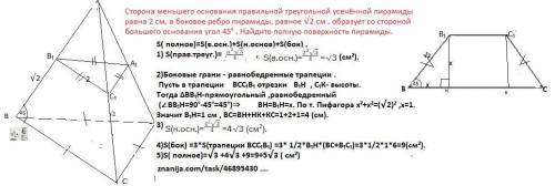 Сторона меньшего основания правильной треугольной усеченой пирамиды равна 2 см, а боковое ребро пира