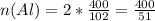 n(Al) = 2 * \frac{400}{102} =\frac{400}{51}