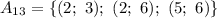 A_{13}=\{(2;\ 3);\ (2;\ 6);\ (5;\ 6)\}