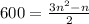 600 = \frac {3n^2-n}{2}