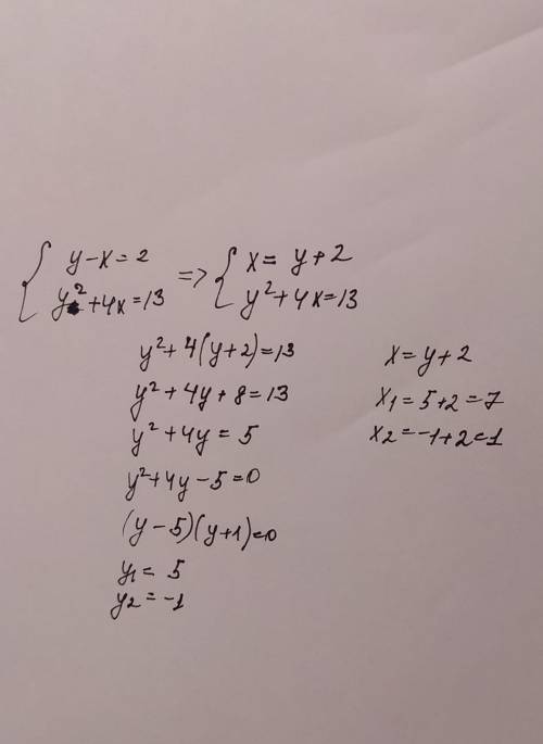 {y-x=2 y2(маленькая два) +4x=13 система