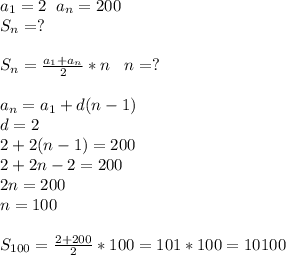 a_1=2\; \; a_n=200\\S_n=?\\\\S_n=\frac{a_1+a_n}{2}*n\; \; \; n=?\\\\a_n=a_1+d(n-1)\\d=2\\2+2(n-1)=200\\2+2n-2=200\\2n=200\\n=100\\\\S_{100}=\frac{2+200}{2}*100 =101*100=10100