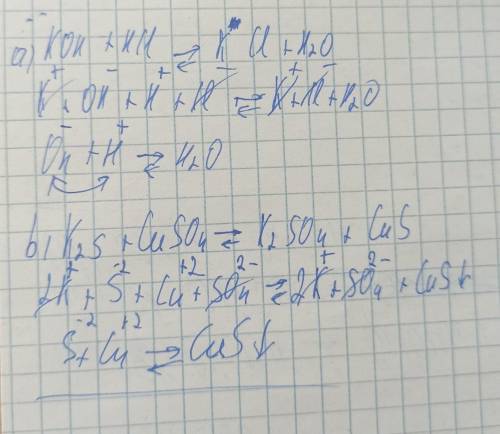 Составьте полные и сокращенные ионные уравнения реакции а)КОН+НСl=b) K2S+CuSO4