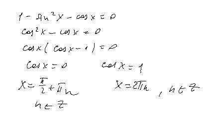 Розв'язати рівняння 1-sin²x-cosx=0