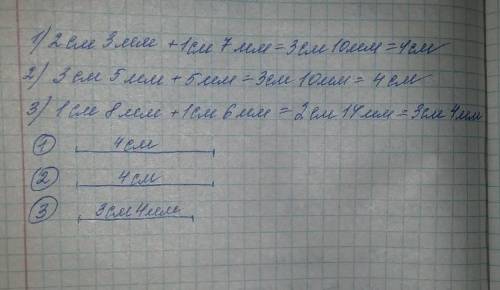 1) Выполни сложение. 2 см 3 мм + 1 см 7 мм3 см 5 мм + 5 ММ1 см 8 мм + 1 см 6 мм2) Начерти отрезки, д