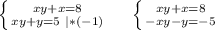 \left \{ {{xy+x=8} \atop {xy+y=5\ |*(-1)}} \right. \ \ \ \ \left \{ {{xy+x=8} \atop {-xy-y=-5}} \right.