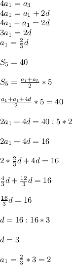 4a_1=a_3\\4a_1=a_1+2d\\4a_1-a_1=2d\\3a_1=2d\\a_1=\frac{2}{3}d\\\\S_5=40\\\\S_5=\frac{a_1+a_5}{2}*5\\\\\frac{a_1+a_1+4d}{2}*5=40\\\\2a_1+4d=40:5*2\\\\2a_1+4d=16\\\\2*\frac{2}{3}d+4d=16\\\\\frac{4}{3}d+\frac{12}{3}d=16\\\\\frac{16}{3}d=16\\\\d=16:16*3\\\\d=3\\\\a_1=\frac{2}{3}*3=2