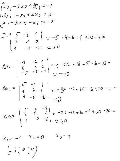 Решить методом крамера, методом обратной матрицы, методом гаусса 5x-2x+x=-1 2x+x+2x=6 x-3x-x=-5