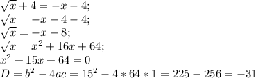 \sqrt{x} +4=-x-4;\\\sqrt{x} = -x-4-4;\\\sqrt{x} = -x-8;\\\sqrt{x} = x^{2} +16x+64;\\x^{2} +15x+64=0\\D=b^{2}-4ac=15^{2}-4*64*1=225-256=-31\\