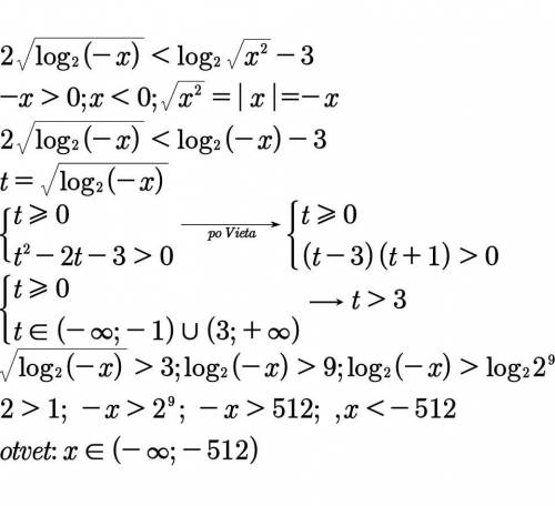 Решите неравенство: 2*√(log2(-x)) < log2√x^2 - 3