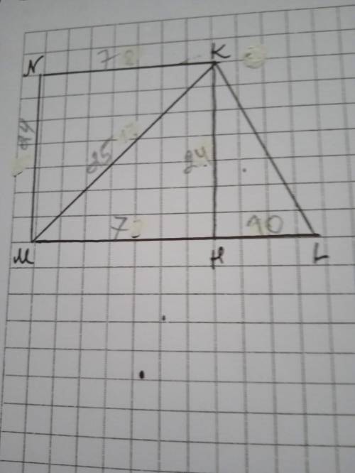 Найди длину большего основания ML ML прямоугольной трапеции MNKL MNKL , где \angle M=90\degree∠M=90°