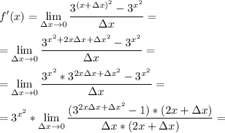 \displaystyle f'(x)= \lim_{\Delta{x} \to0} \frac{3^{(x+\Delta{x})^2}-3^{x^2}}{\Delta{x}} =\\\\= \lim_{\Delta{x} \to0} \frac{3^{x^2+2x\Delta{x}+\Delta{x}^2}-3^{x^2}}{\Delta{x}} =\\\\= \lim_{\Delta{x} \to0} \frac{3^{x^2}*3^{2x\Delta{x}+\Delta{x}^2}-3^{x^2}}{\Delta{x}} =\\\\=3^{x^2} *\lim_{\Delta{x} \to0} \frac{(3^{2x\Delta{x}+\Delta{x}^2}-1)*(2x+\Delta{x})}{\Delta{x}*(2x+\Delta{x})} =\\\\