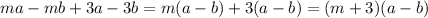 ma - mb + 3a - 3b = m(a - b) + 3(a - b) = (m + 3)(a - b)