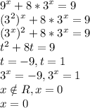 \displaystyle 9^x+8*3^x=9\\(3^2)^x+8*3^x=9\\(3^x)^2+8*3^x=9\\t^2+8t=9\\t=-9,t=1\\3^x=-9,3^x=1\\x\notin R,x=0\\x=0