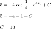 \displaystyle 5=-4\;cos \;\frac{0}{4}-e^{4*0}+C\\\\5=-4-1+C\\\\C=10