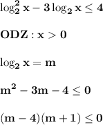 \displaystyle\bf\\\log_{2} ^{2} x-3\log_{2} x\leq 4\\\\ODZ:x0\\\\\log_{2} x=m\\\\m^{2} -3m-4\leq0 \\\\(m-4)(m+1)\leq 0