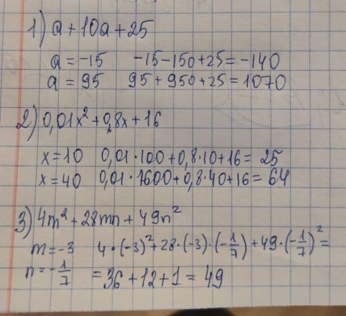 Знайдіть значення виразу: 1) а + 10а + 25, якщо а= -15; 95; 2) 0,01x² + 0,8х + 16, якщо x= 10; 40; 3