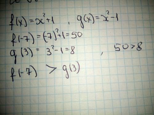 Функции заданы формулами f(x)=x2+1 и g(x)=x2−1. Сравни f(−7) и g(3). (В окошко ставь знак сравнения!