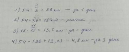 За 3 дні було відремонтовано 54 км дороги за 1 день було відремонтовано 2/3 дороги за 2 день 11/15 р