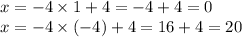 x = - 4 \times 1 + 4 = - 4 + 4 = 0 \\ x = - 4 \times ( - 4) + 4 = 16 + 4 = 20